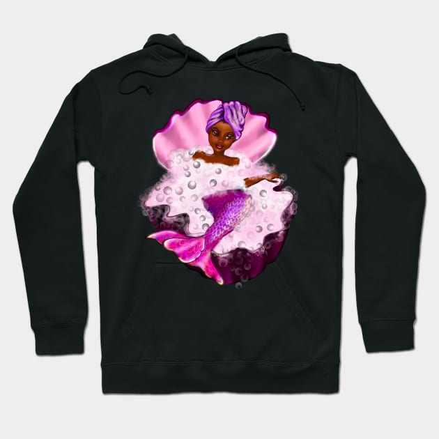 Mermaid spa day in Oyster clam shell 4 - Black anime mermaid in bubble bath. Pretty black girl with Afro hair, green eyes, Cherry pink lips and dark brown skin. Hair love ! Hoodie by Artonmytee